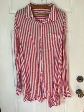 100% Linen Isle Bay Red & White Striped Button-Up Shirt Tunic XXL